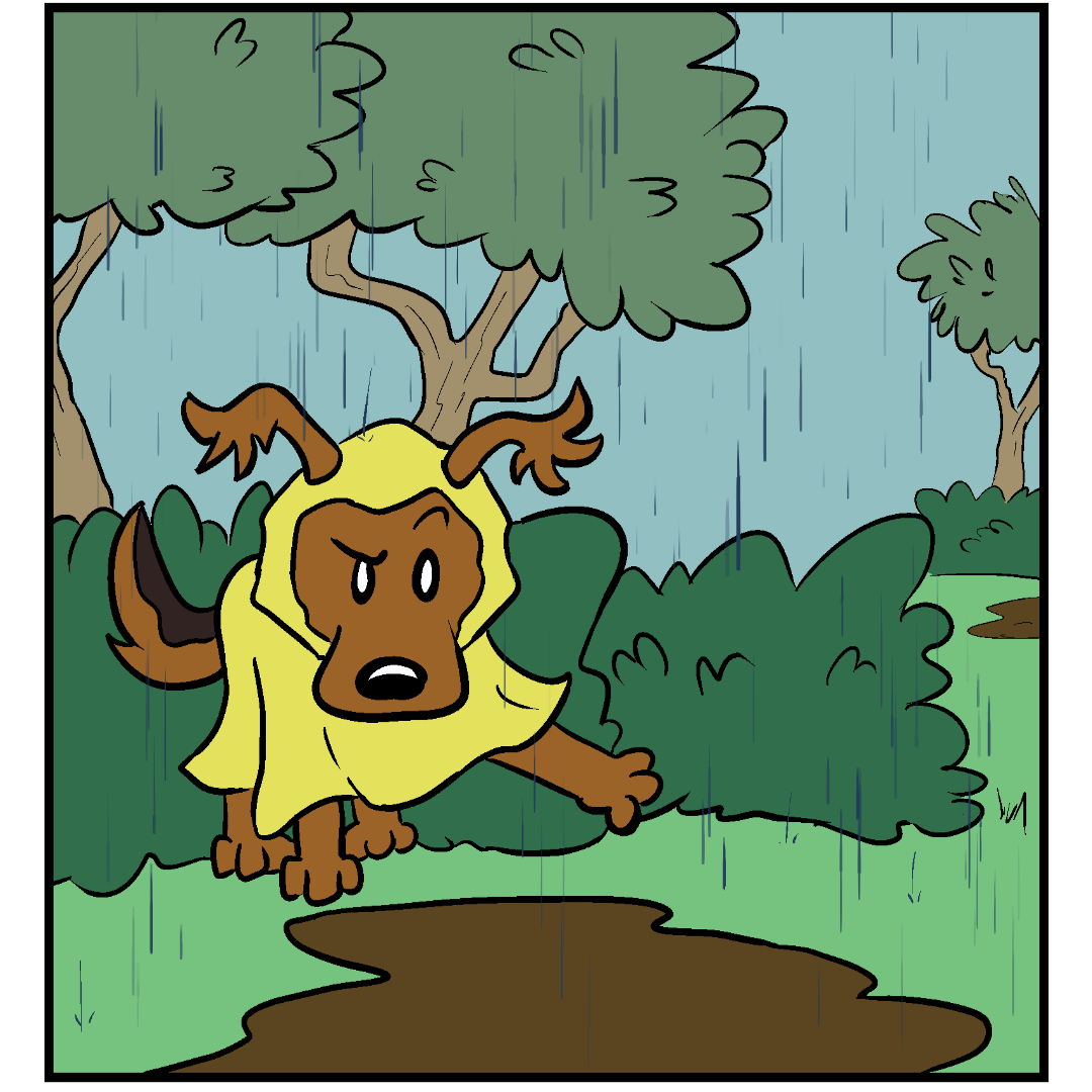 Comic Panel 3:  Fluff Pup has shoved herself along the edge of the mud puddle, almost into the bushes, as she slowly and carefully walks along the top edge to avoid stepping into it. She is very focused on avoiding it as she stares down while stepping part way around it.