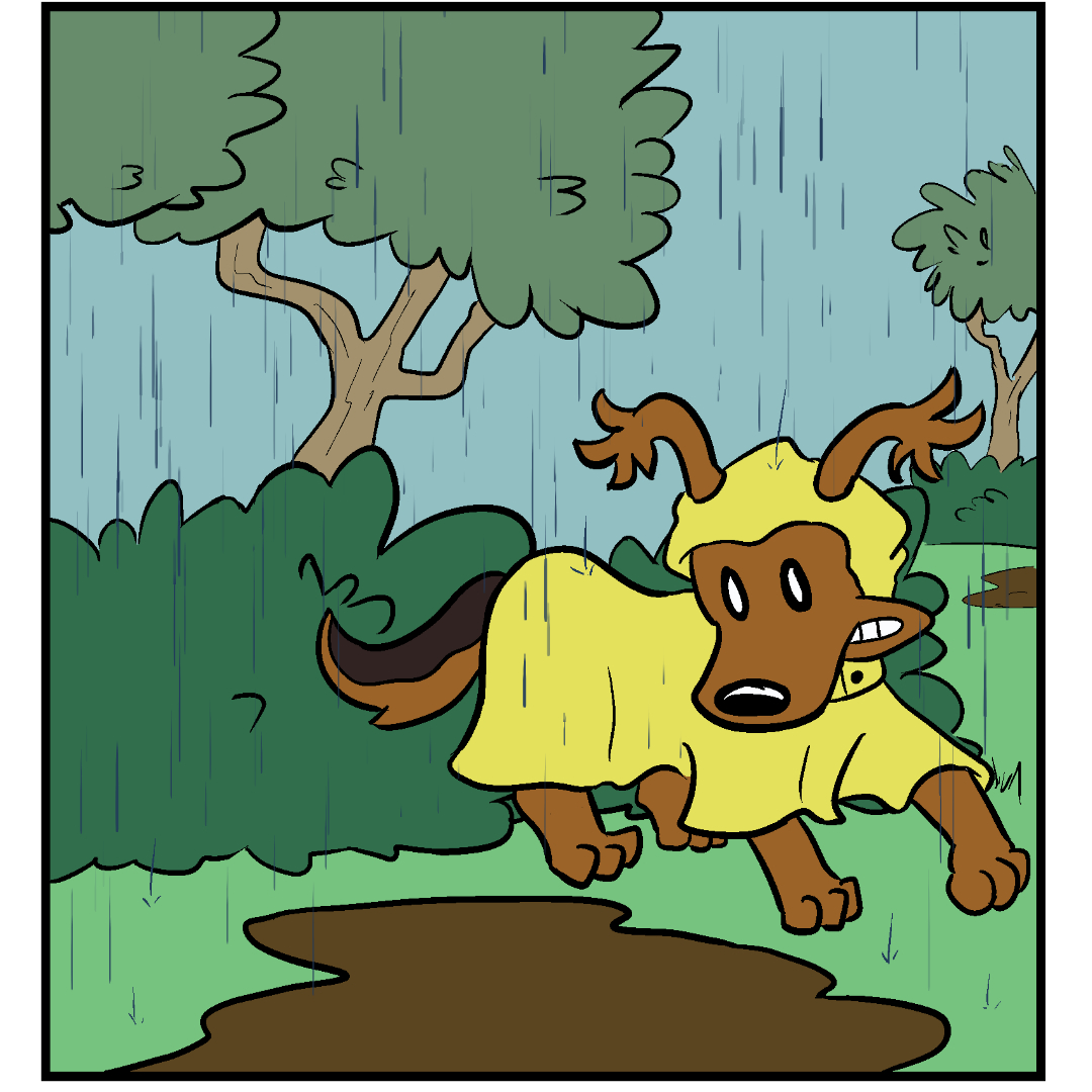 Comic Panel 4: Fluff Pup stretches her body with a grimace as she edges around the last of the giant mud puddle and keeps her clean dainty feet out of it.