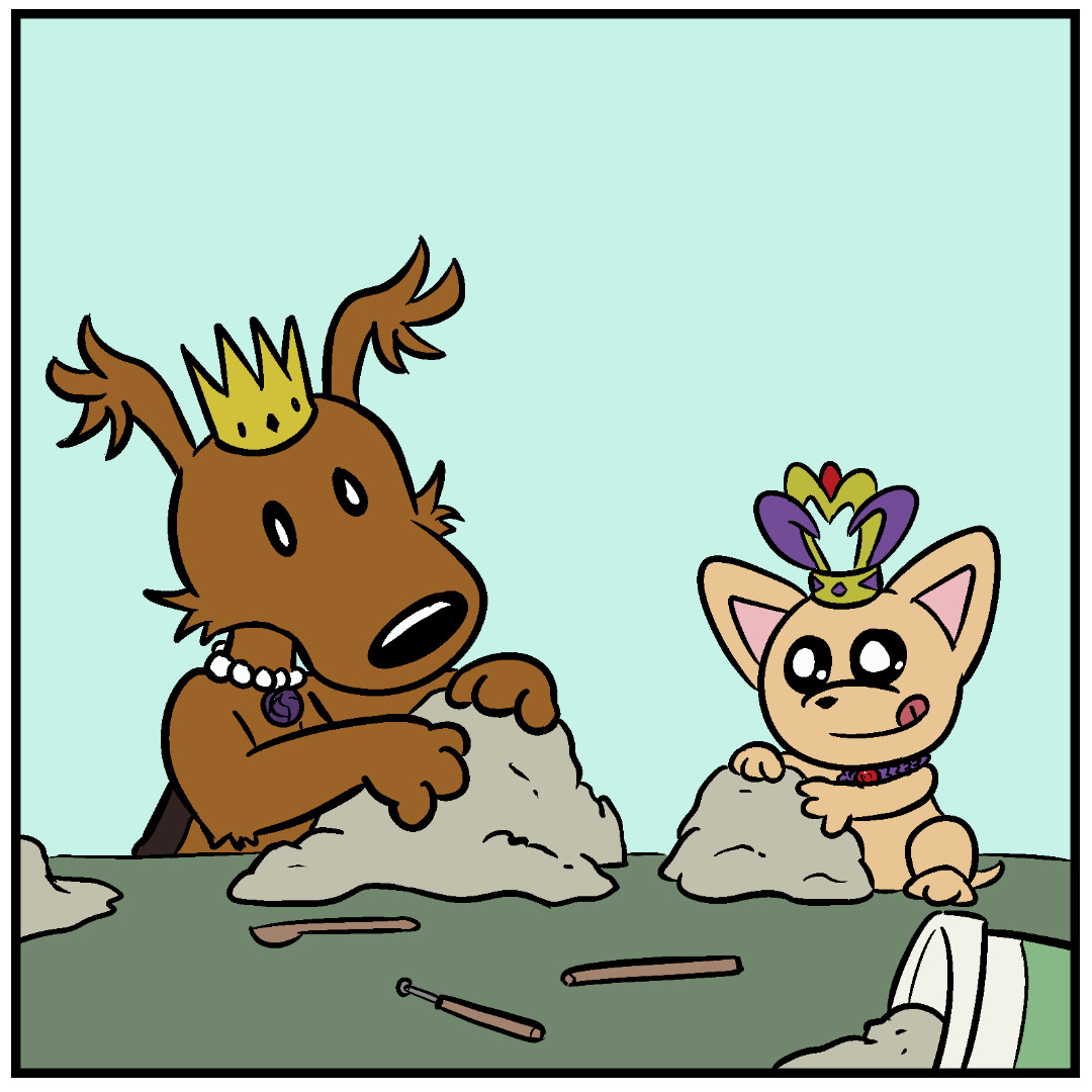 Comic Panel 1: Fluff Pup, a medium-sized brown puppy with fluffy ears, a pearl necklace and a golden crown on her head, and TeaCup Pup, a peach-colored teacup chihuahua wearing a gold and purple crown, are both working attentively on large lumps of modeling clay. TeaCup Pup is sitting directly on the table while working. Several sculpting tools and an open bucket of clay sit on the table as well.